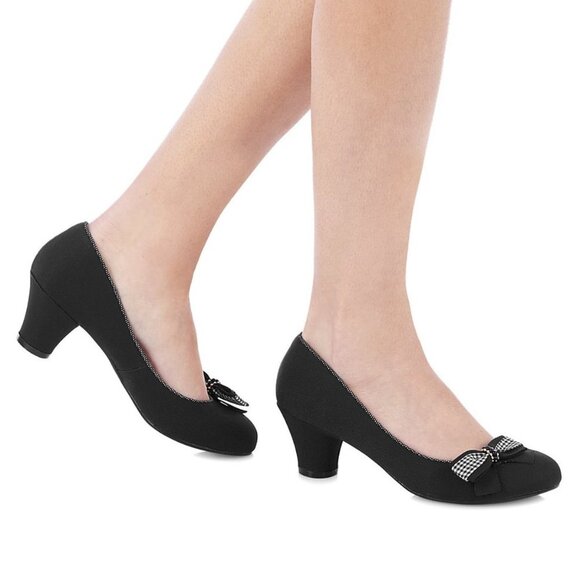 Ruby Shoo NWOT Lily Pump  Black Satin Heels with Bow 2.5" Heel Size 7 - Picture 1 of 10